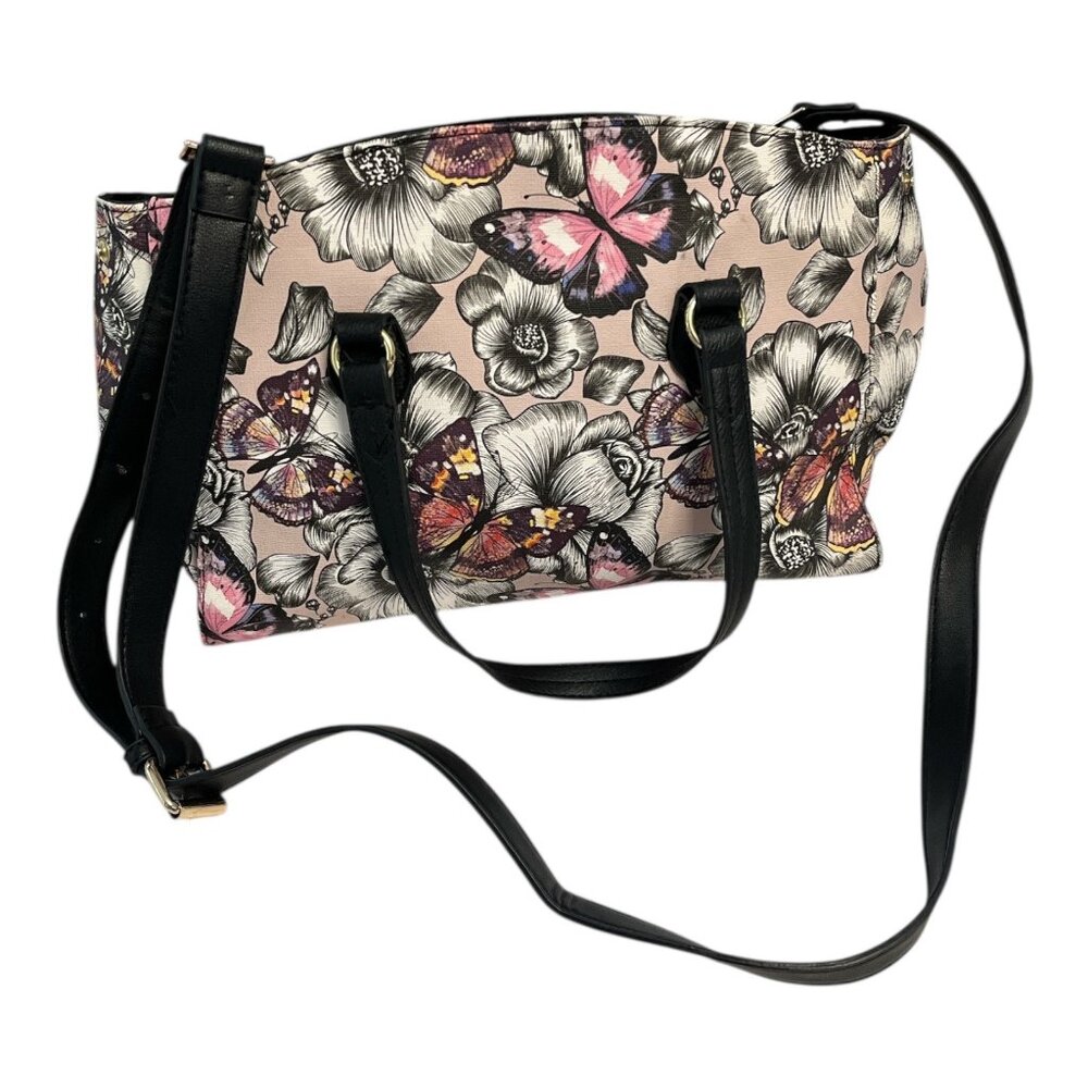 Bueno Butterfly Floral Satchel Handbag with Crossbody Strap | Pink Black Gold |